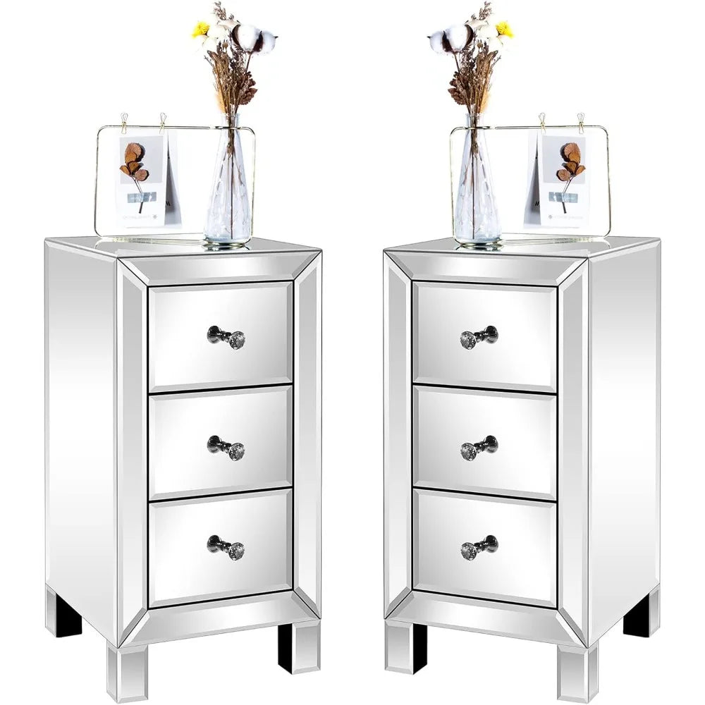 Mirrored Nightstand Set Of 2 With 3 Drawers For Bedroom