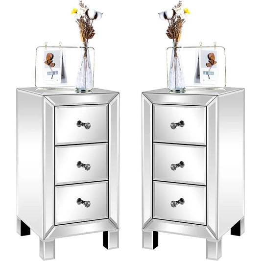 Mirrored Nightstand Set Of 2 With 3 Drawers For Bedroom