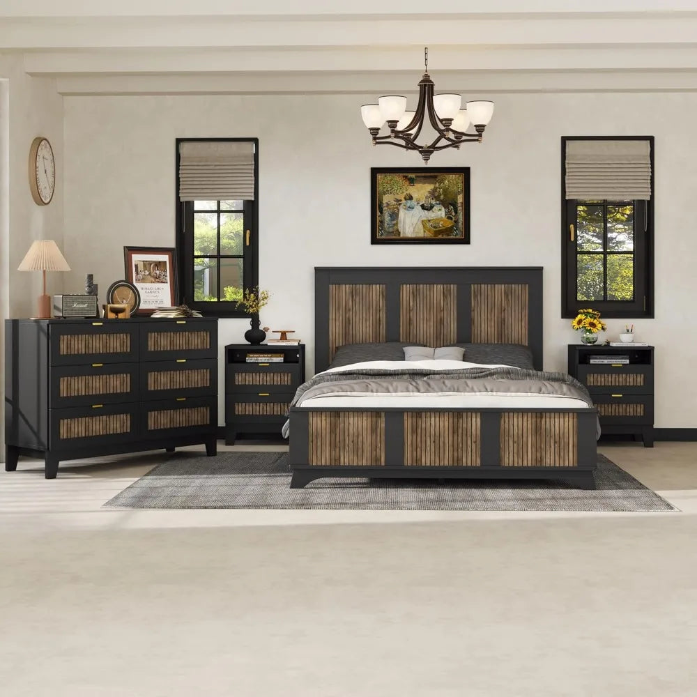 MKDK 4 Piece Bedroom Set Platform Bed Dresser Nightstands
