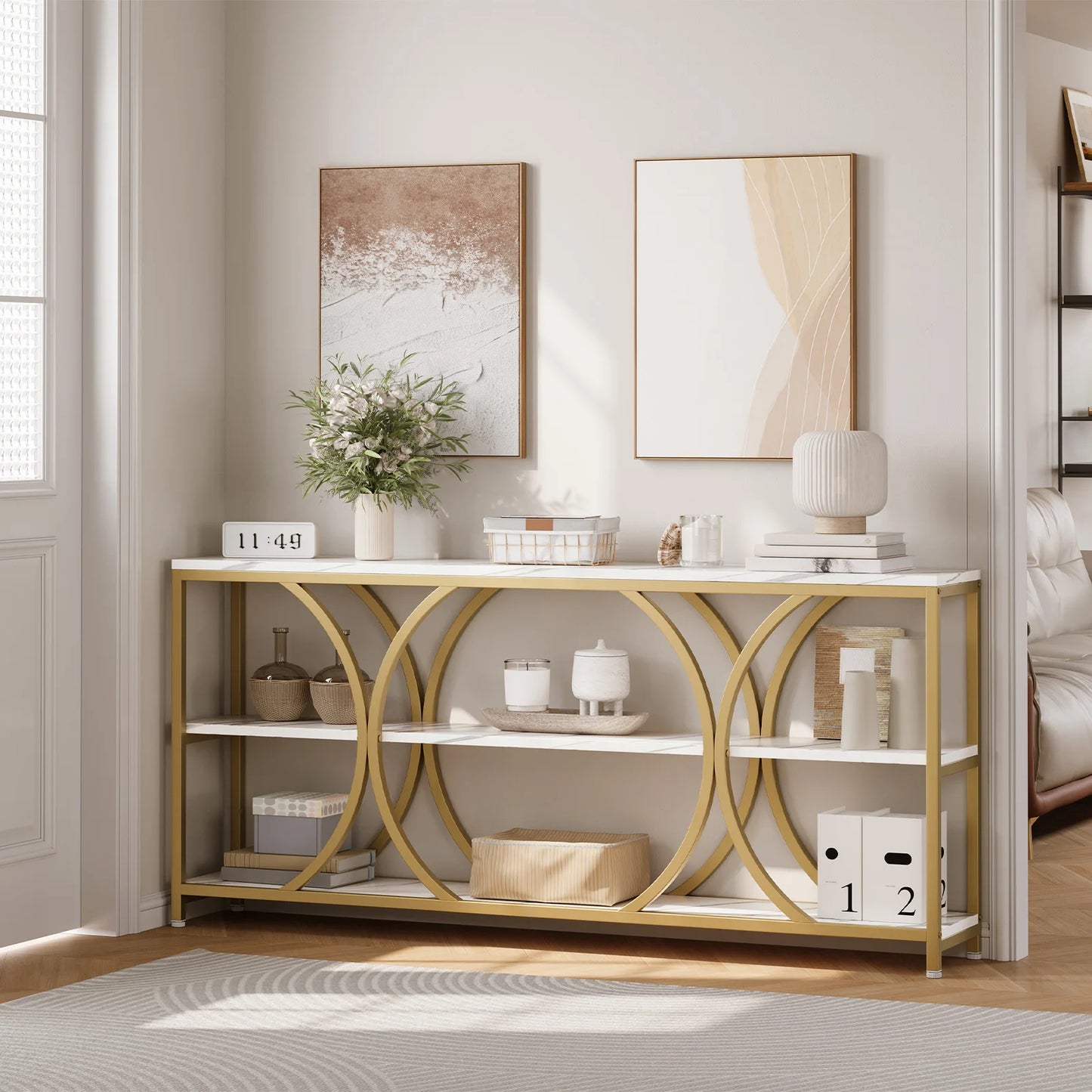 Modern Console Table With Three Tier Storage Shelves Entryway