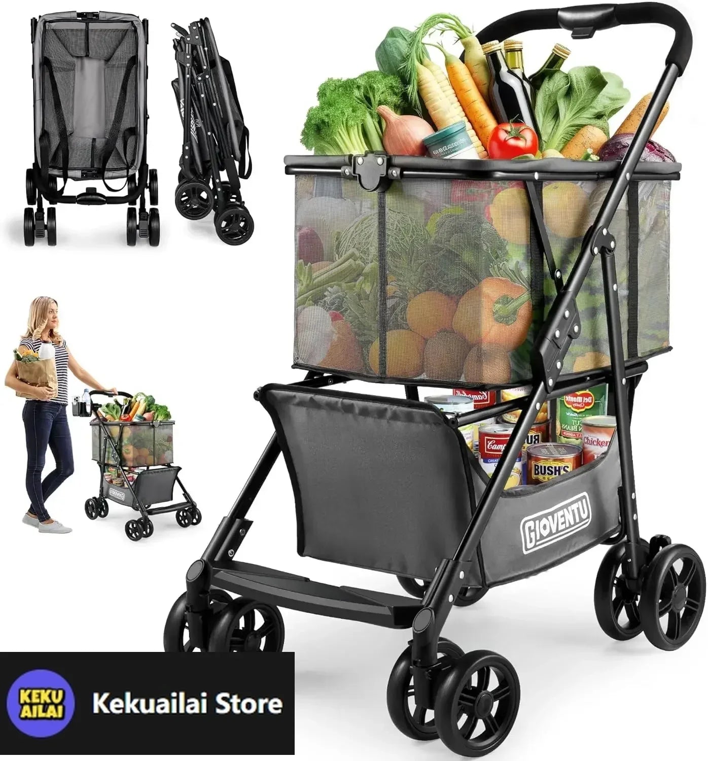 XMSJ Folding Shopping Cart With Wheels 80lb Capacity
