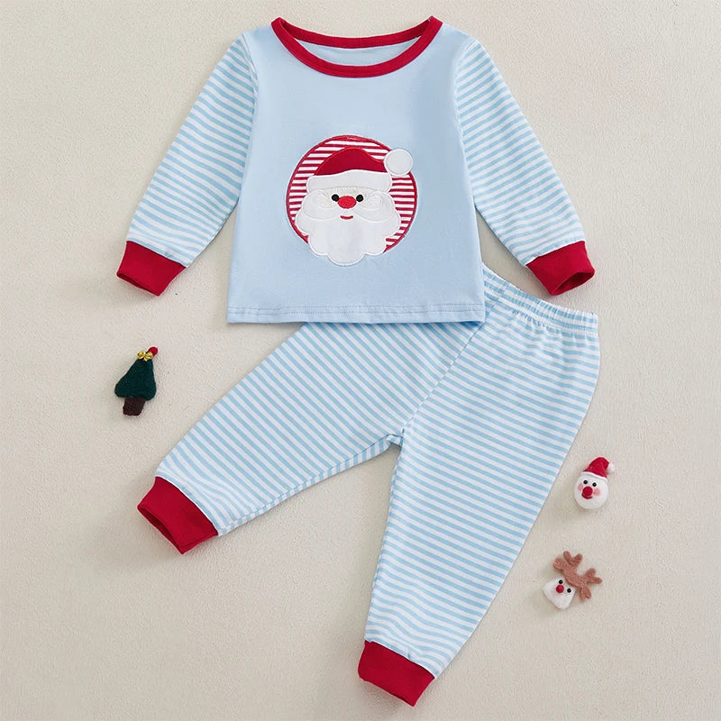 Pudcoco Christmas Toddler Unisex Santa Embroidered Sweatshirt Stripe Pants Set