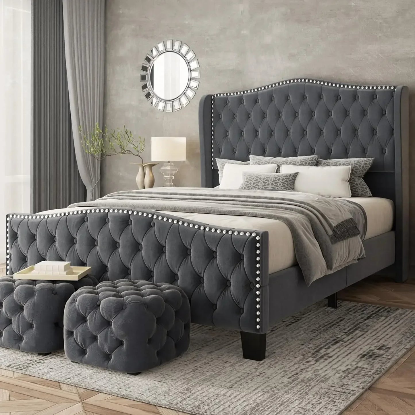 Platform Bed Frame With Upholstered Wingback Headboard
