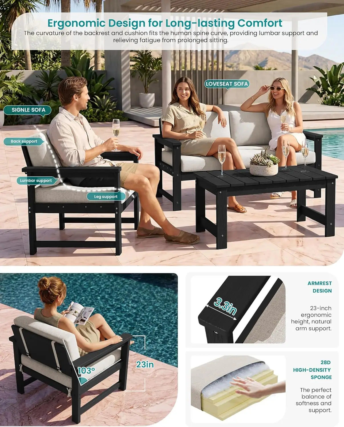 HDPE Outdoor Loveseat Sofa All Weather Cushions Patio