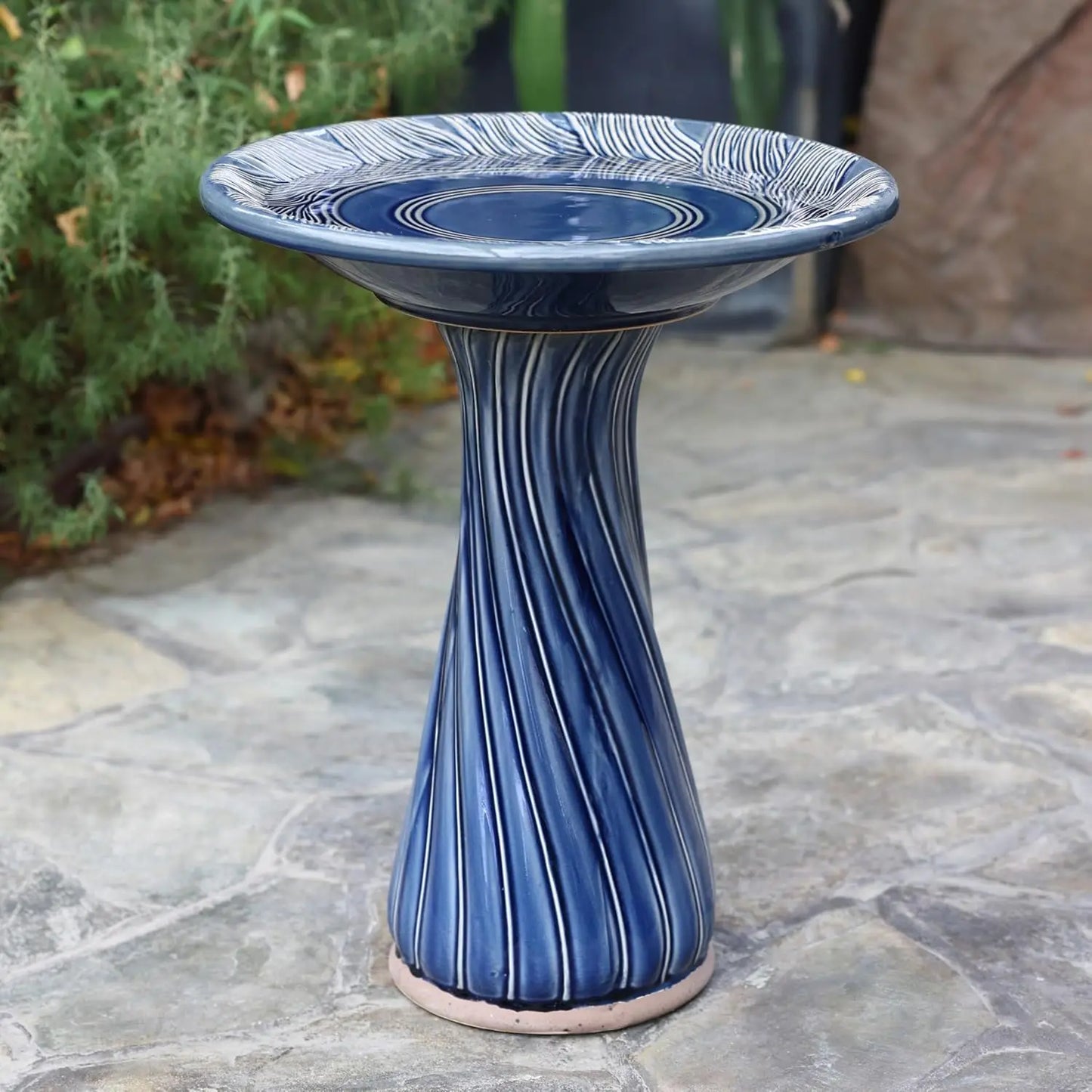Ceramic Outdoor Bird Bath Pedestal Glazed Leaves Swirl