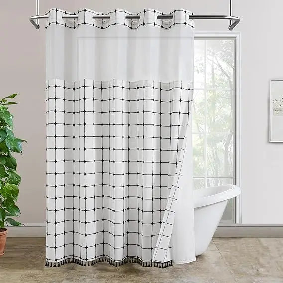 No Hook Shower Curtain With Snap In Fabric Liner Grid