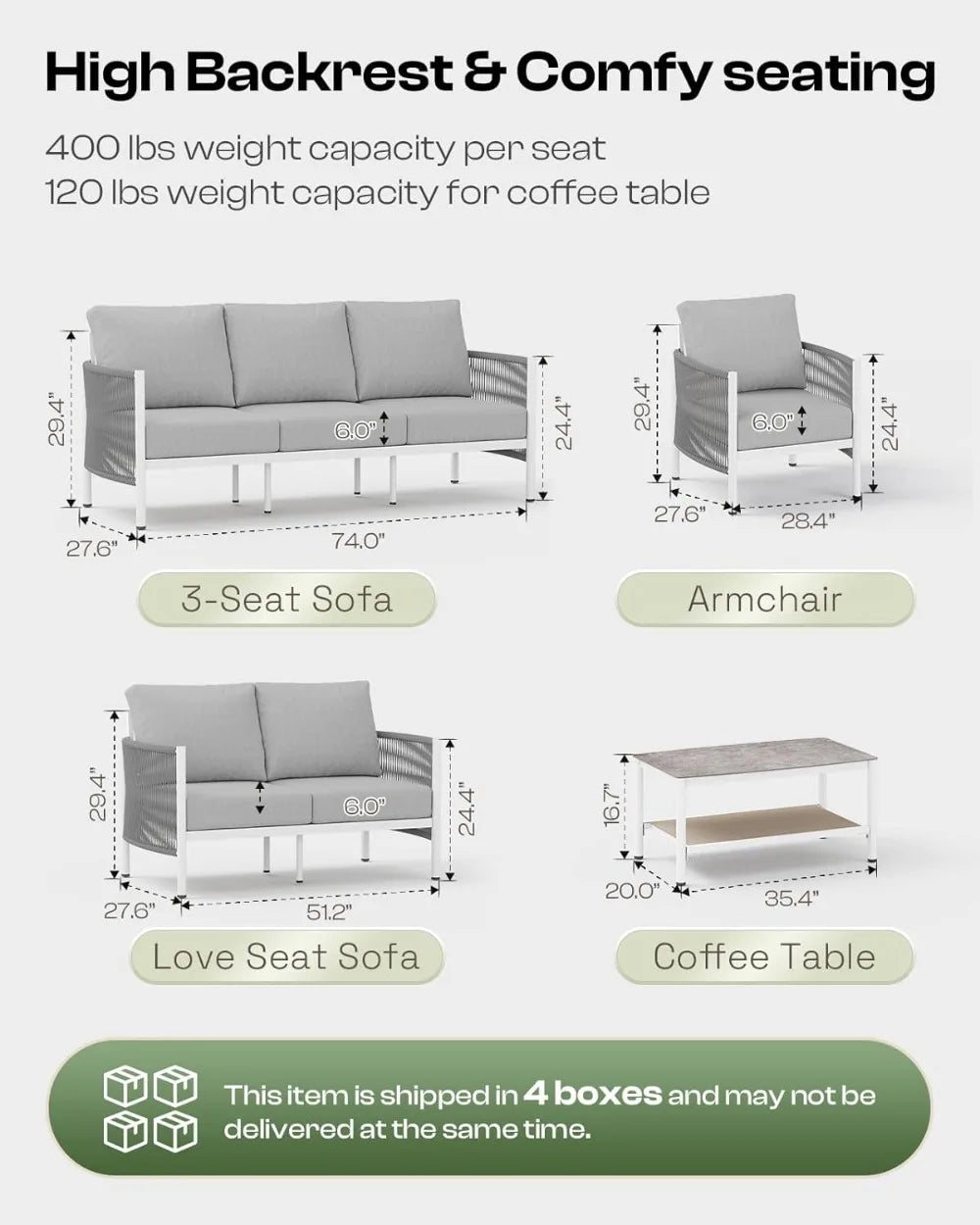 Aluminum Outdoor Patio Couch HDPE Rope Sofa With Washable Cushions
