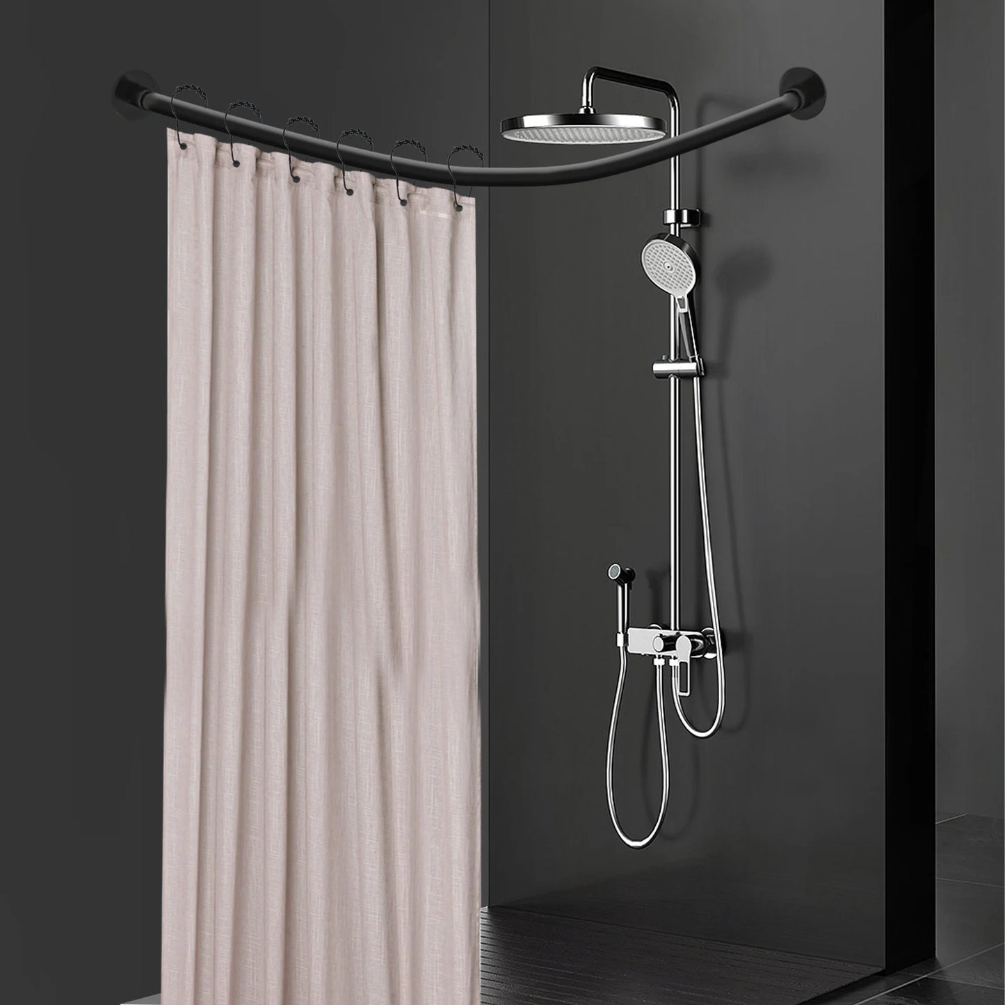 Stainless Steel L Shape Telescopic Shower Curtain Rail No Drilling With Rings