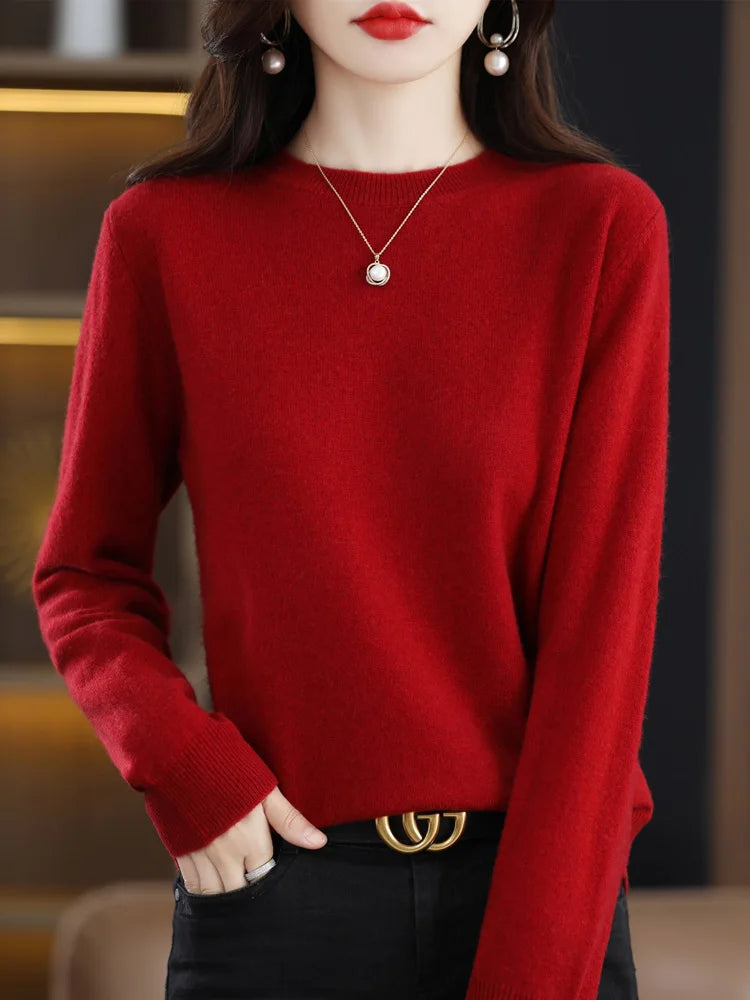Addonee Merino Wool Women O Neck Sweater Long Sleeve
