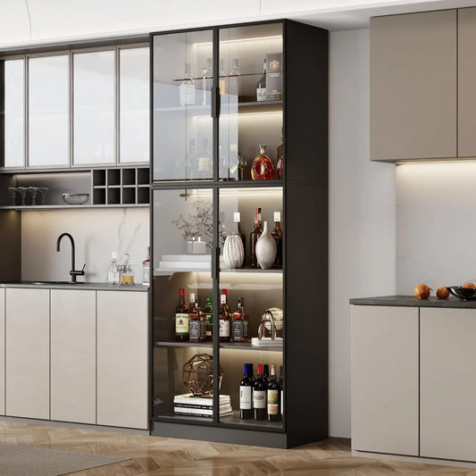 Display Cabinet With Glass Doors And Storage Shelves