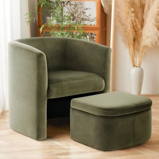 Upholstered Velvet Barrel Accent Chair With Storage Ottoman