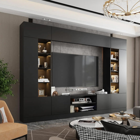 XMSJ Modern Wall Unit Entertainment Center With Bookshelves And Lights