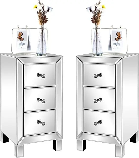 Mirrored Nightstand Set Of 2 With 3 Drawers For Bedroom