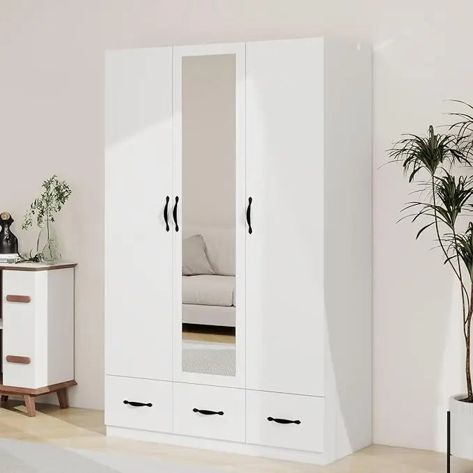 Armoire Wardrobe With 4 Doors 3 Drawers Mirror Hanging Rod