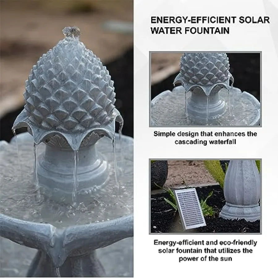 Fiberglass Resin 2-Tier Solar Water Fountain With Solar Panel Pump