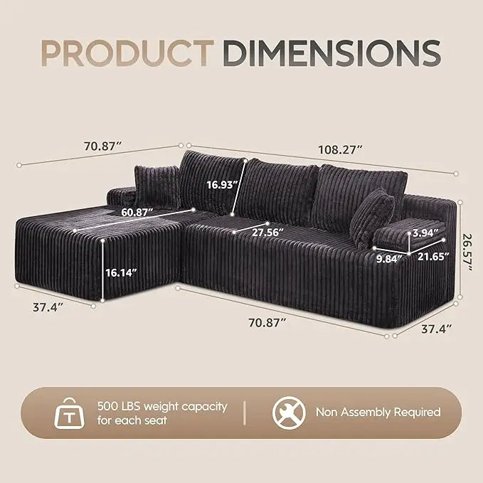 HUANZHUANG Modular L Shaped 3 Seat Sectional Sofa With Memory Foam Storage