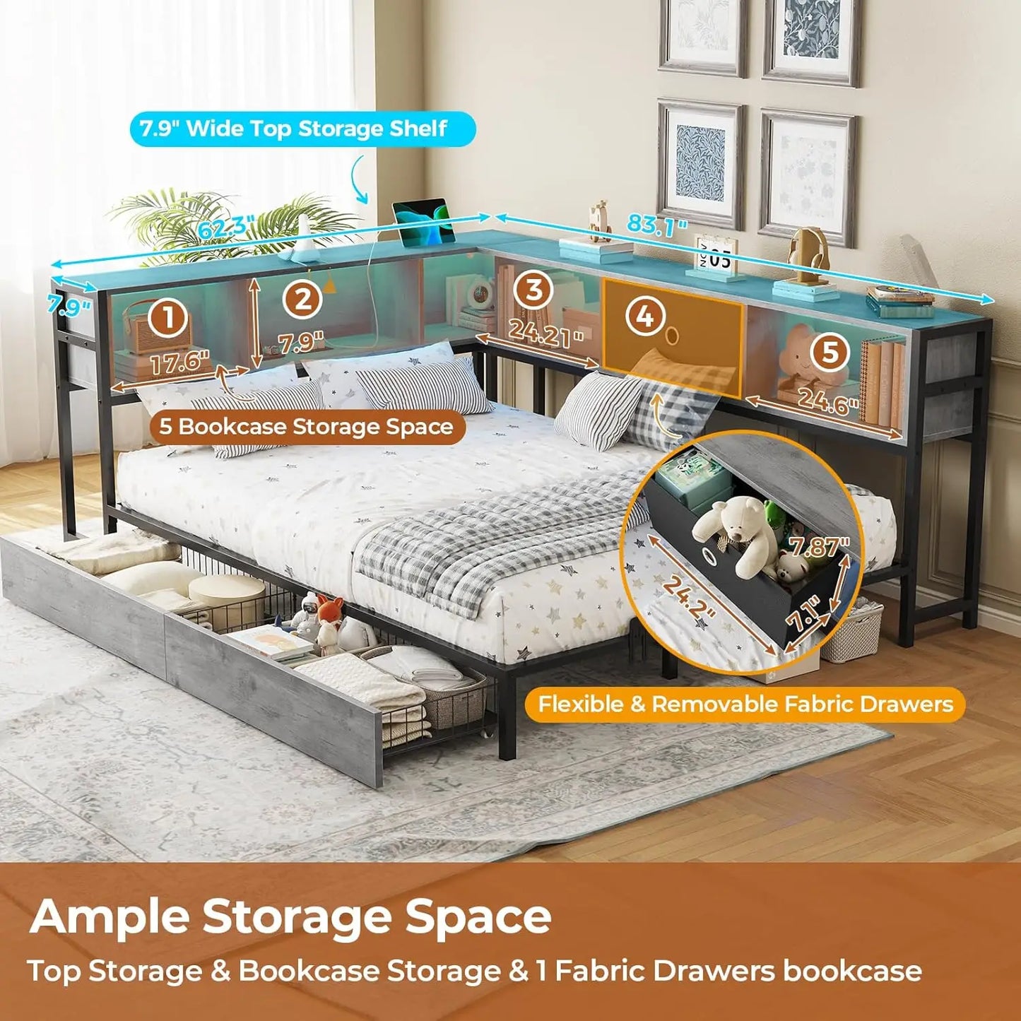 Corner Bed Frame With LED Bookcase Storage And Charging Station