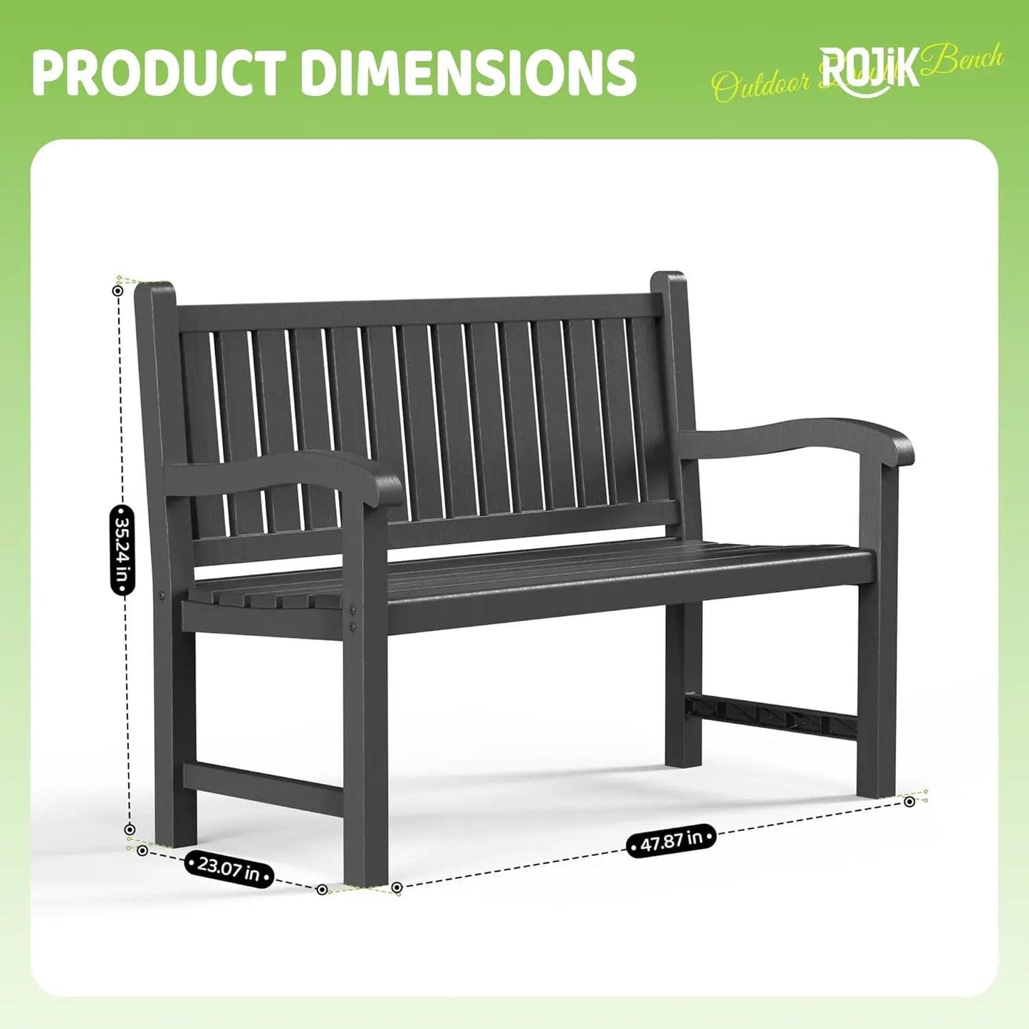 ROJIK Outdoor Bench Two Person Patio Chair Waterproof Resin Slatted