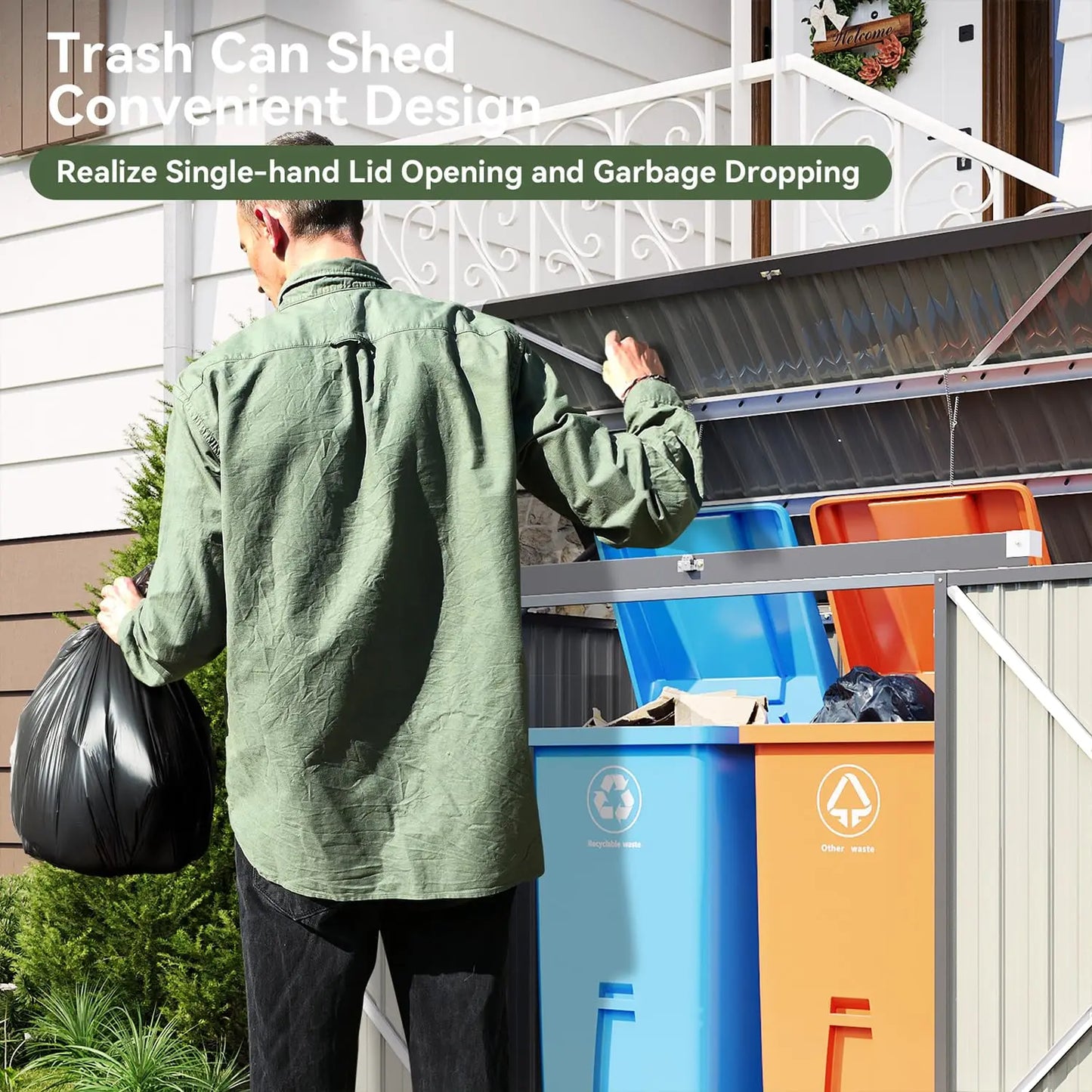 Metal Outdoor Storage Shed With Chain Lid Waterproof Garbage Can Organizer
