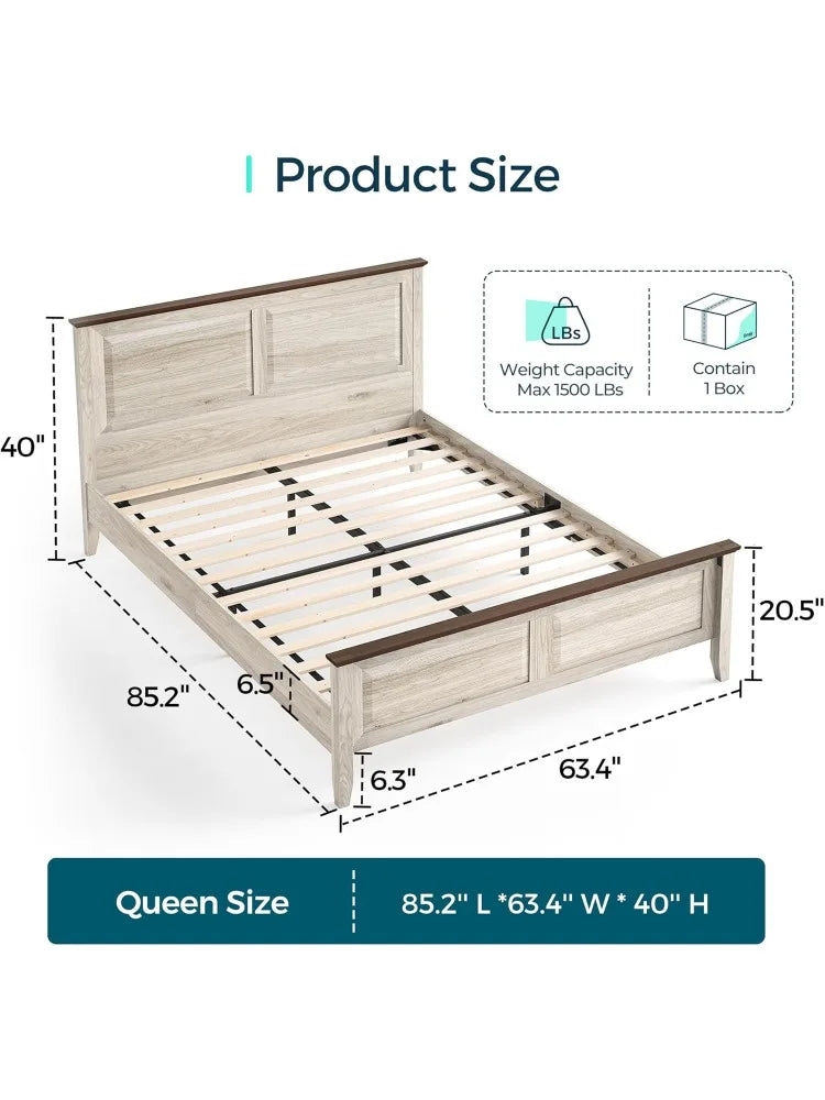 Hign-Concerned Farmhouse Bed Frame With Solid Wood Headboard