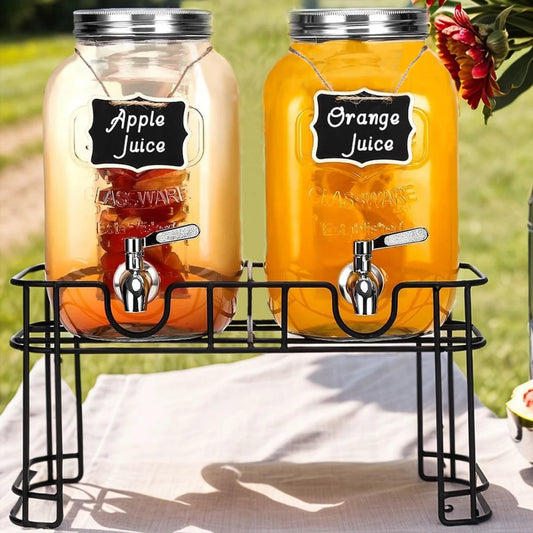 Two 1 Gallon Glass Drink Dispensers With Stand 304 Faucet