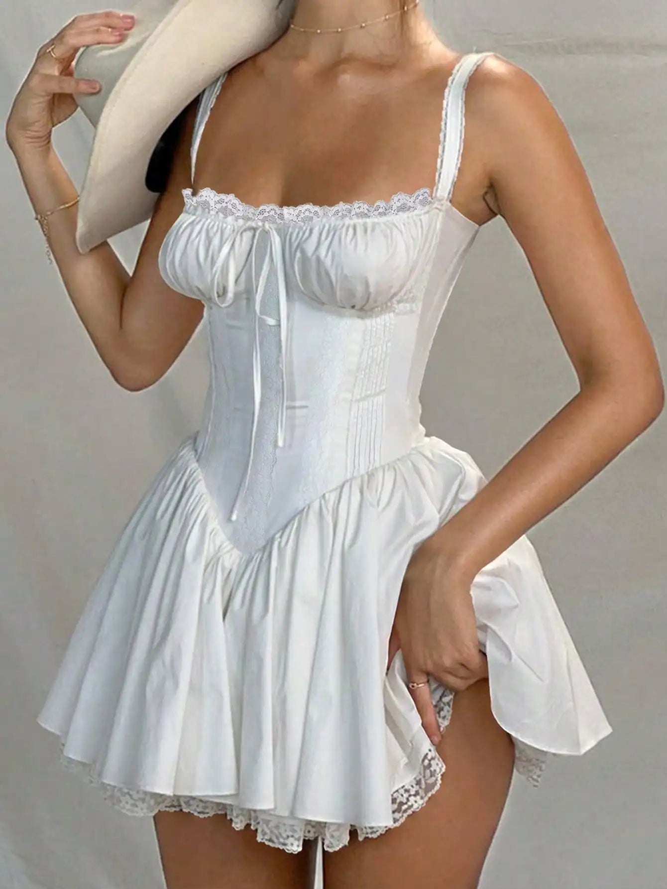 Sweetheart Neck Sleeveless Tie Front Lace Trim Mini Dress