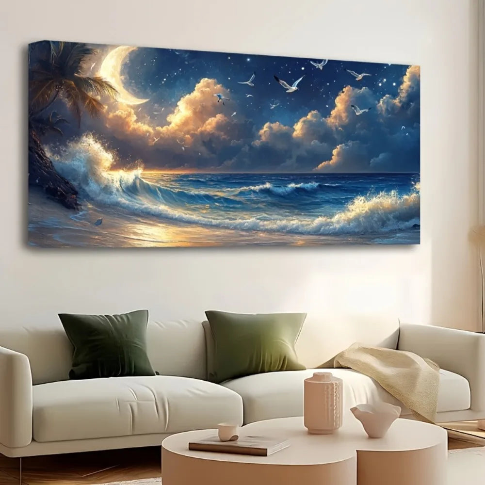 Hign Concerned Pine Wood Frame Moon Ocean Room Decor Mural