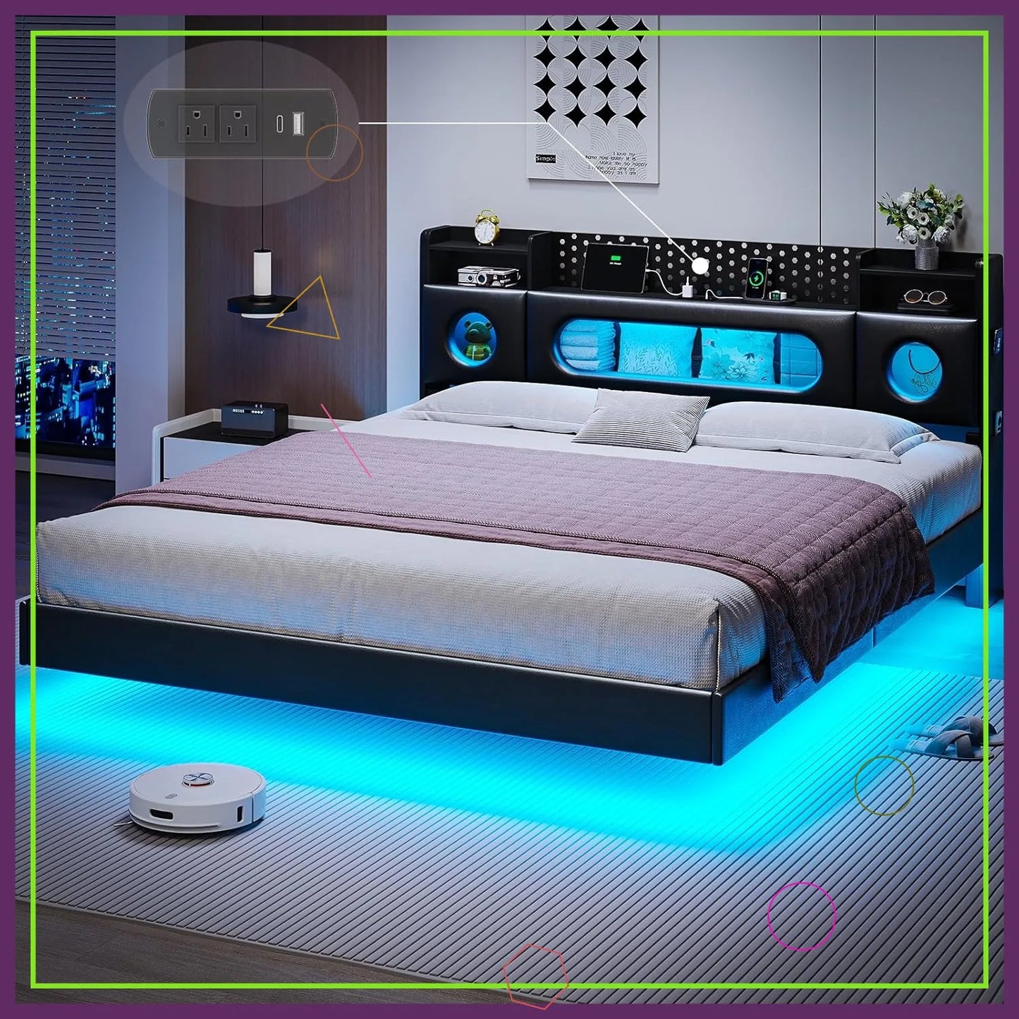 Floating Bed Frame With LED Lights And Storage Headboard