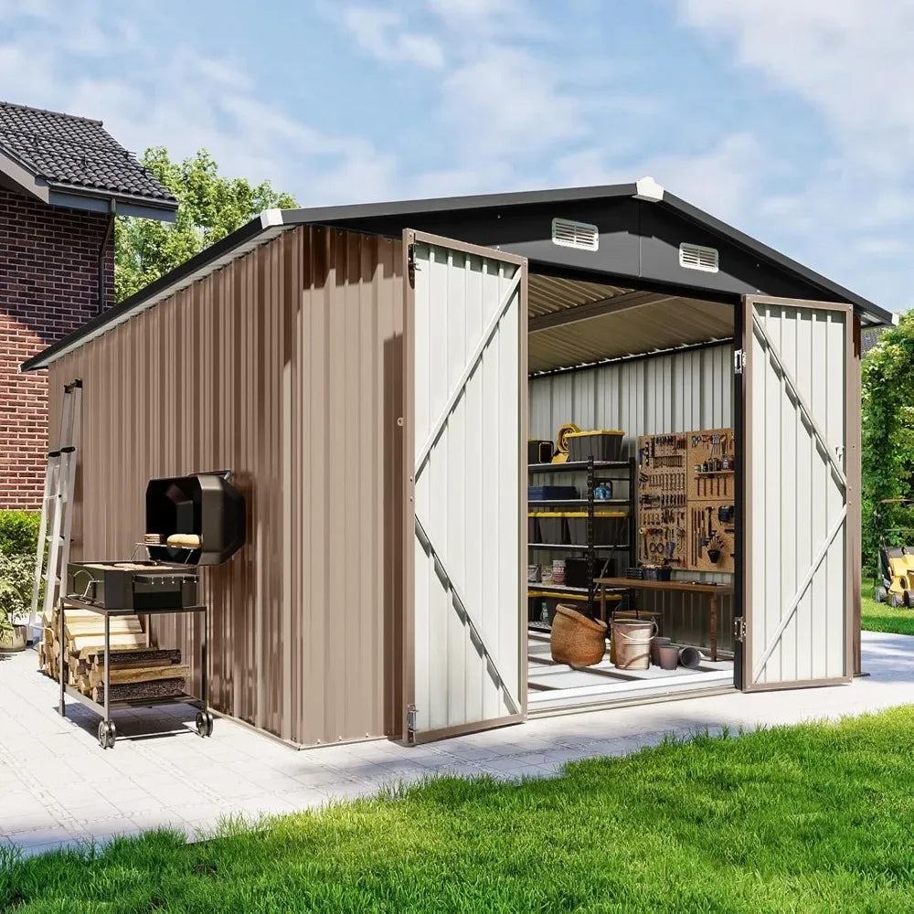 Outdoor Storage Shed Galvanized Metal With Lockable Double Doors