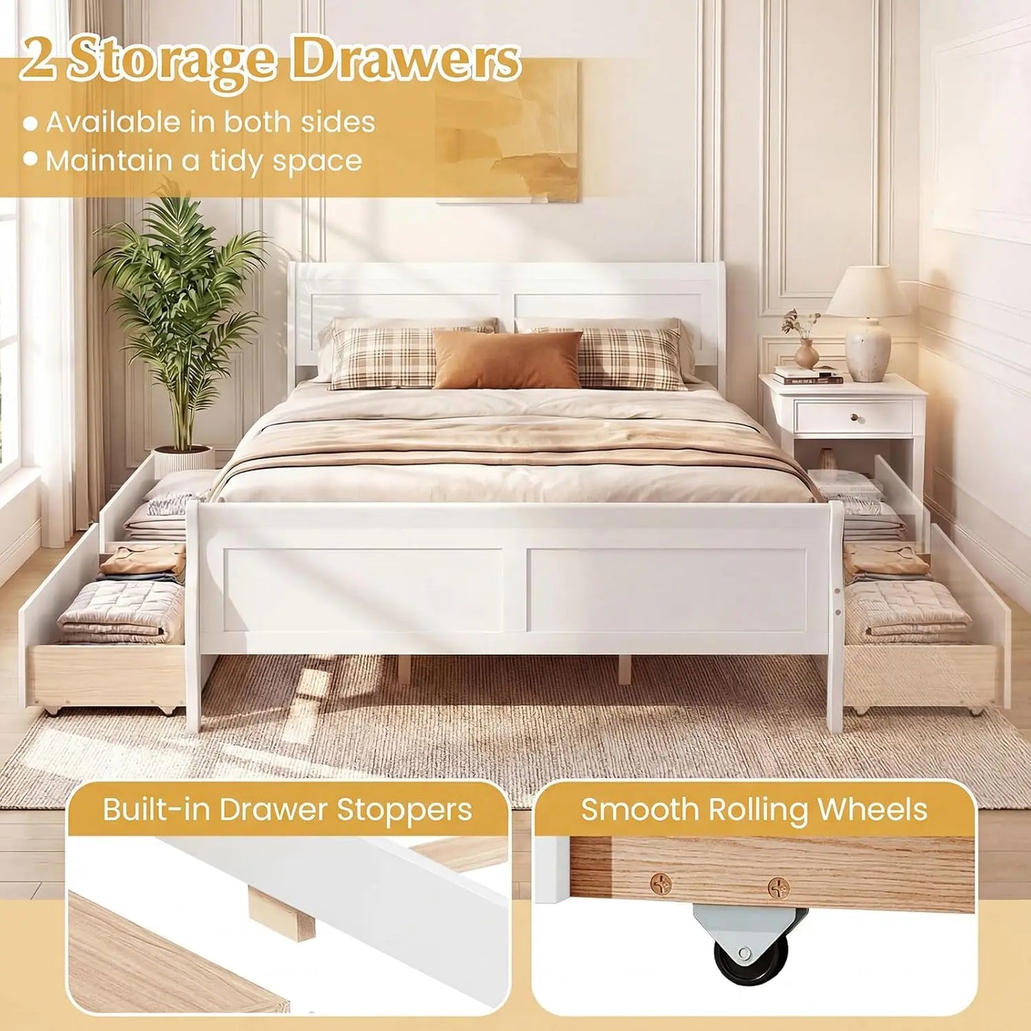 Queen Storage Bed Frame With Wood Headboard Footboard Drawers Slats