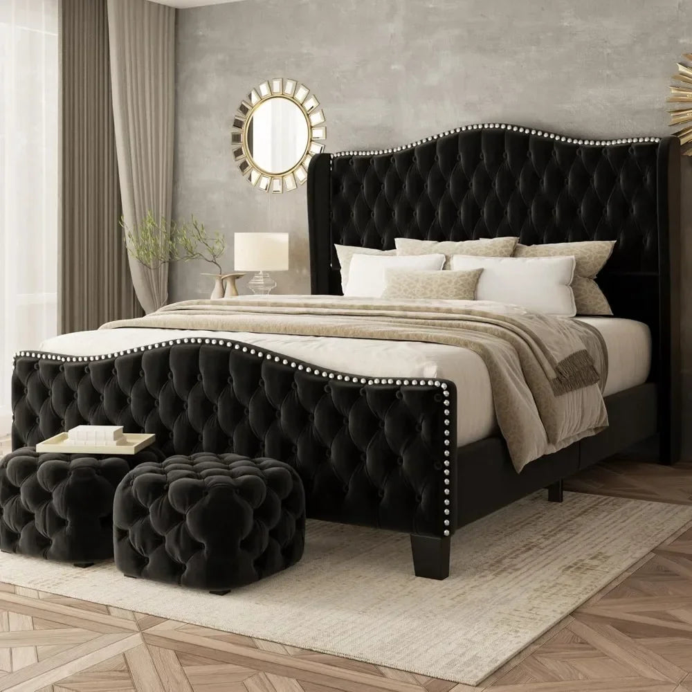 Platform Bed Frame With Upholstered Wingback Headboard