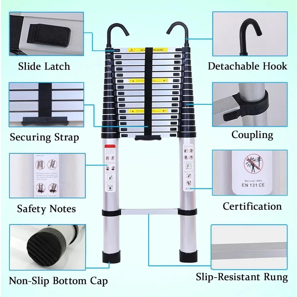ANGDUO Telescoping Aluminum Ladder with Detachable Hooks