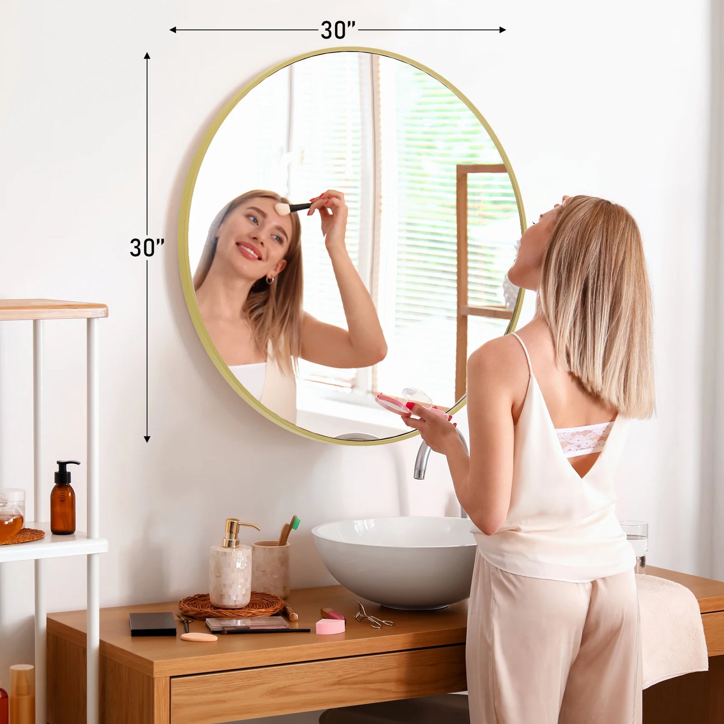 JHK Round Vanity Framed Mirror Tempered Glass Matte Metal Frame