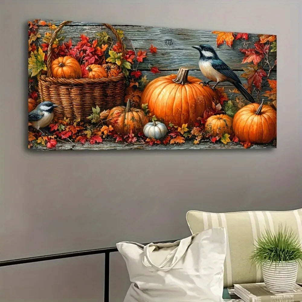 Hign-Concerned Fall Pumpkin Canvas Painting Wall Art Bird