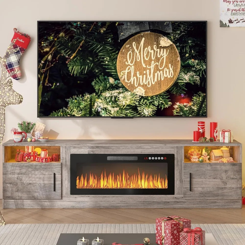 PUKAMI Fireplace TV Stand With Electric Fireplace And LED Lights