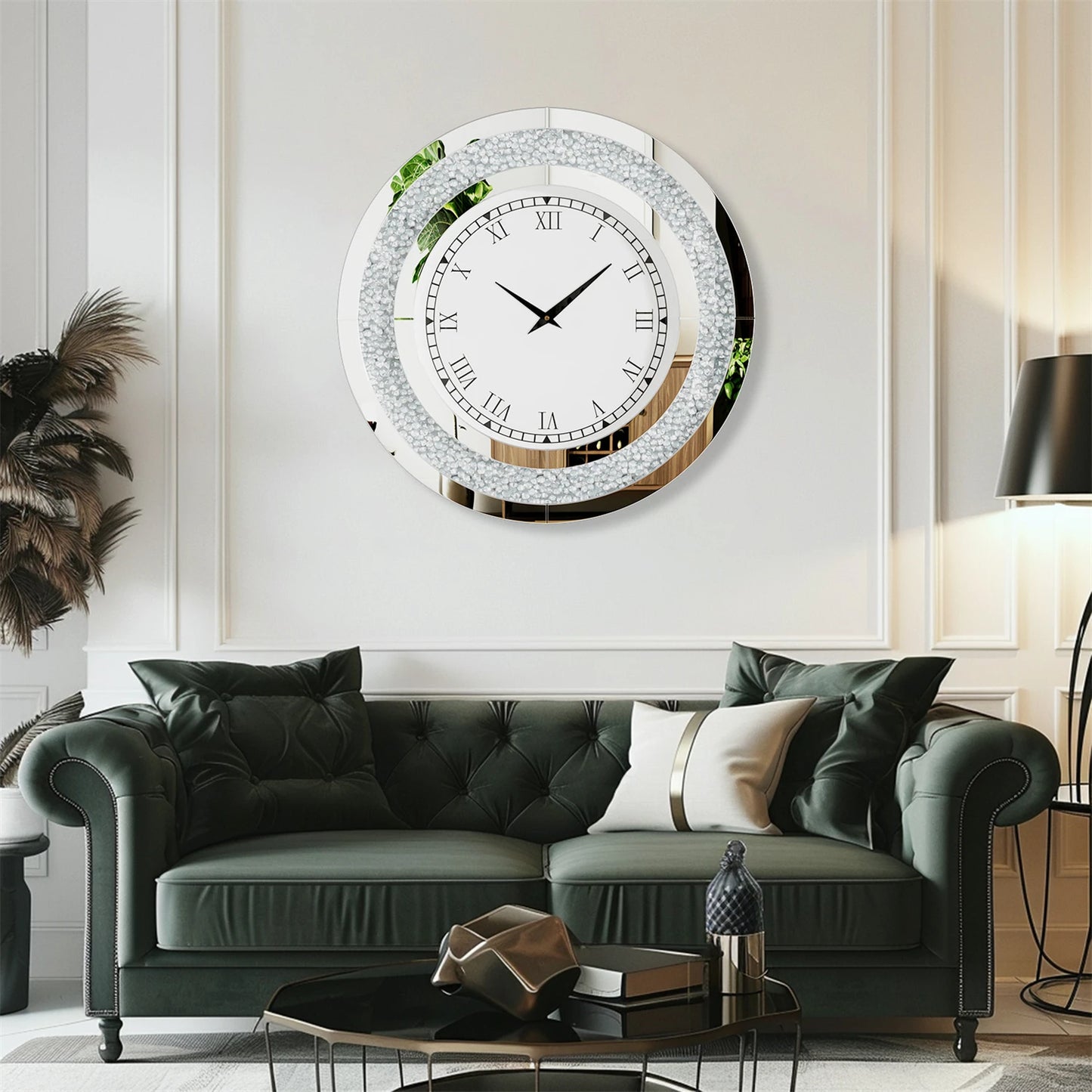 Combination Bling Silver Round Mirror Clock Glam Home Decor