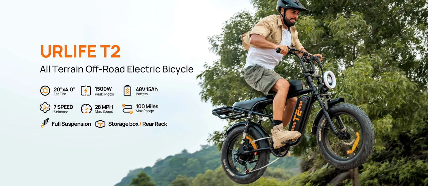 URLIFE T2 1500W EBike 48V 15.6Ah Battery 28 MPH Range Fat Tire