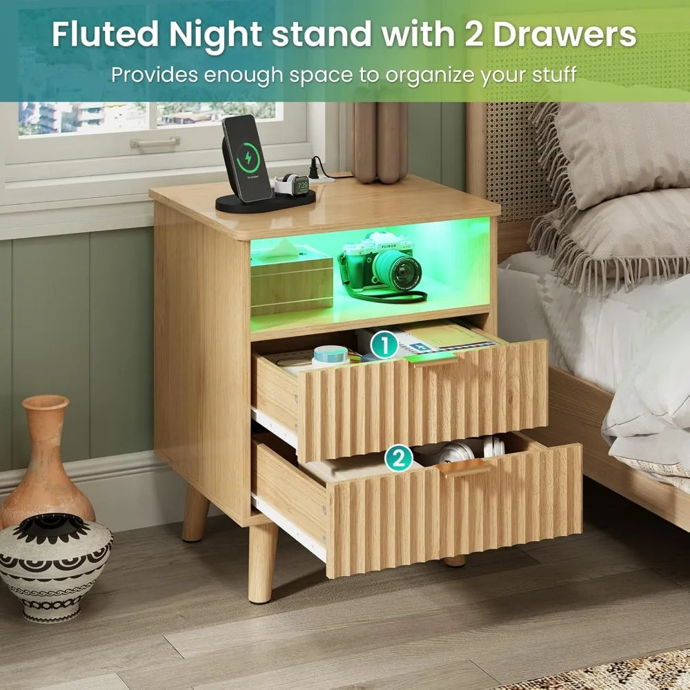Color Nightstand With Charging Station And Fluted Panel