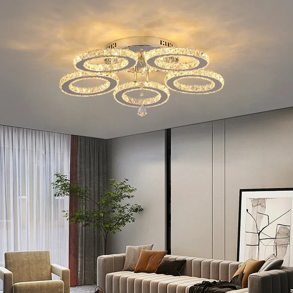 GreeLustr K9 Crystal Chandelier Three Ring Stainless Steel