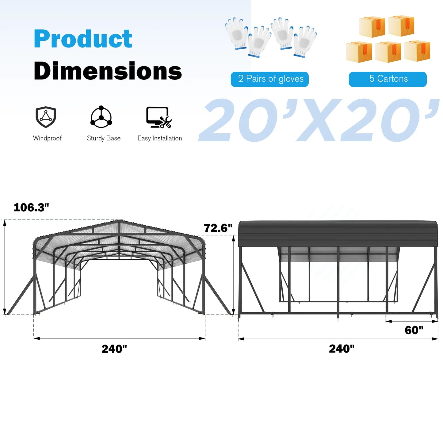 Polar Aurora Metal Carport Shelter Heavy Duty Galvanized Steel