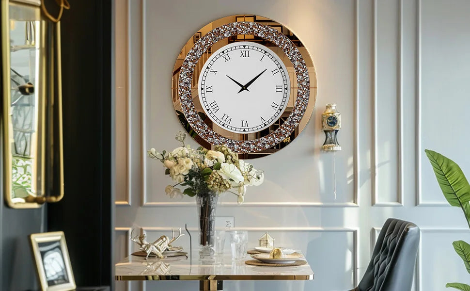 Round Mirrored Wall Clock With Crystal Sparkle Diamond Accents For Living Room