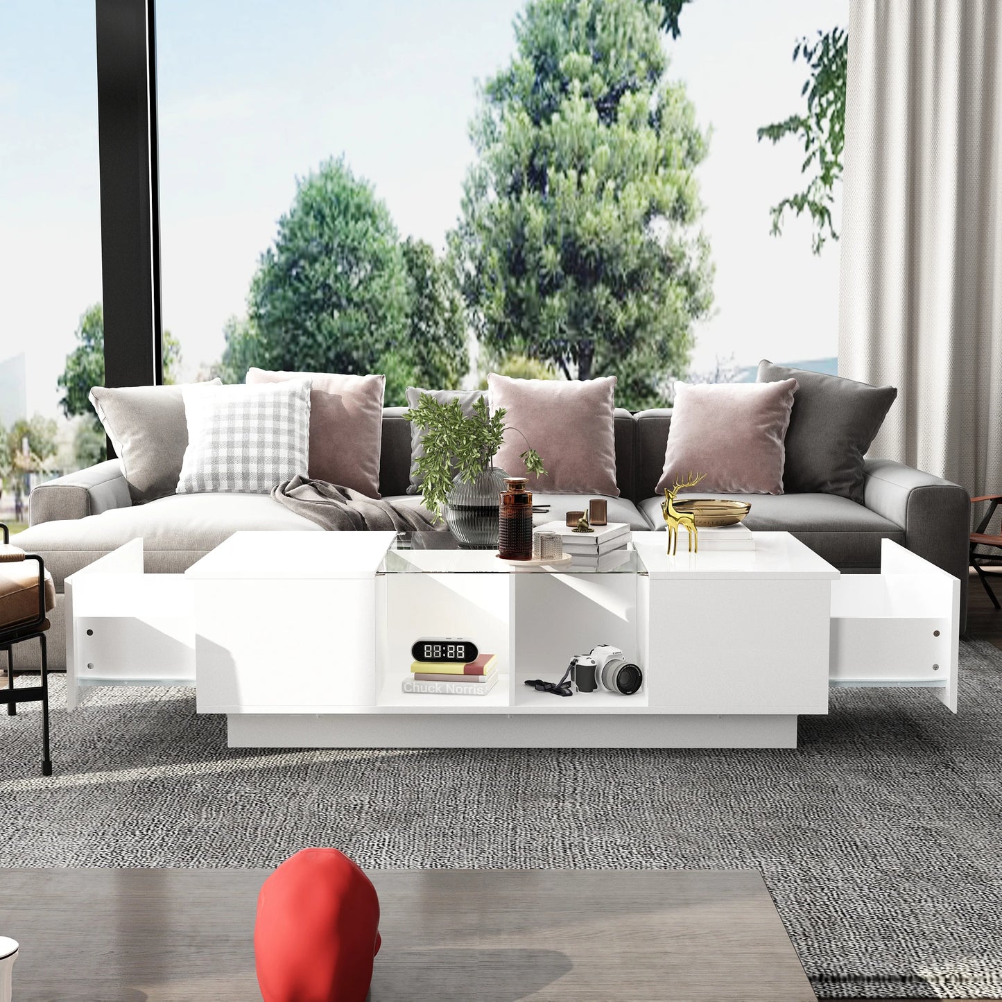 FUFU&GAGA Modern Coffee Table With LED Lighting And 2 Drawers