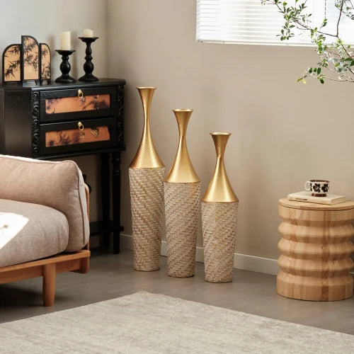 Hign Concerned Floor Metal Vase Woven Pattern 3 Piece Set