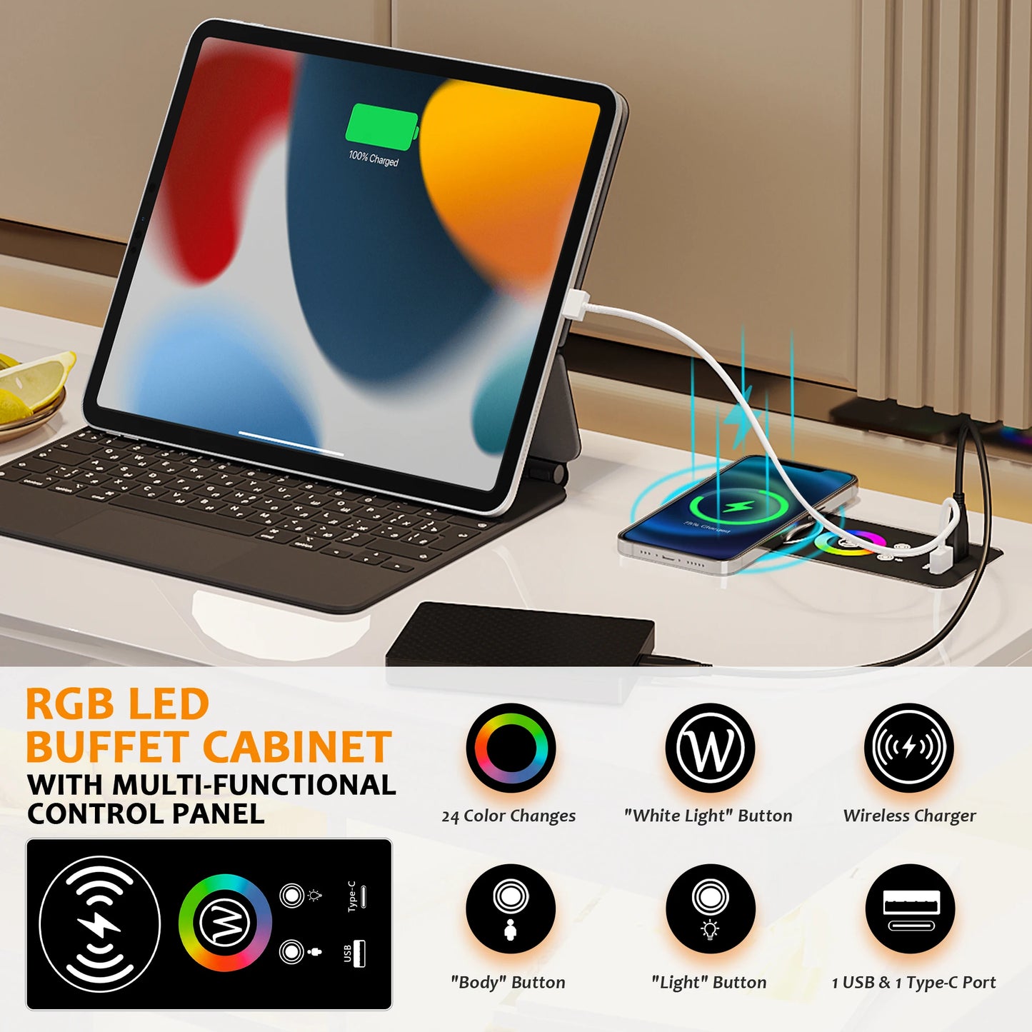 JDPAG LED Sideboard Buffet Cabinet With Storage And Charging Station