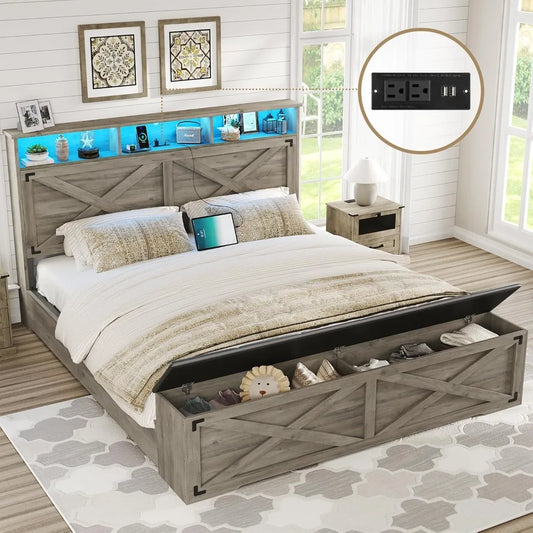 Angduo Farmhouse Bed Frame With Storage And Led Lights