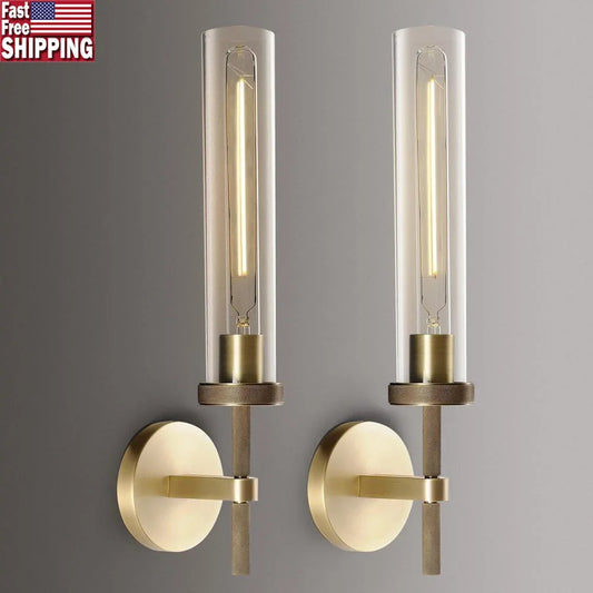 XMSJ Brass Wall Sconces Set Of Two Tubular Glass Lighting