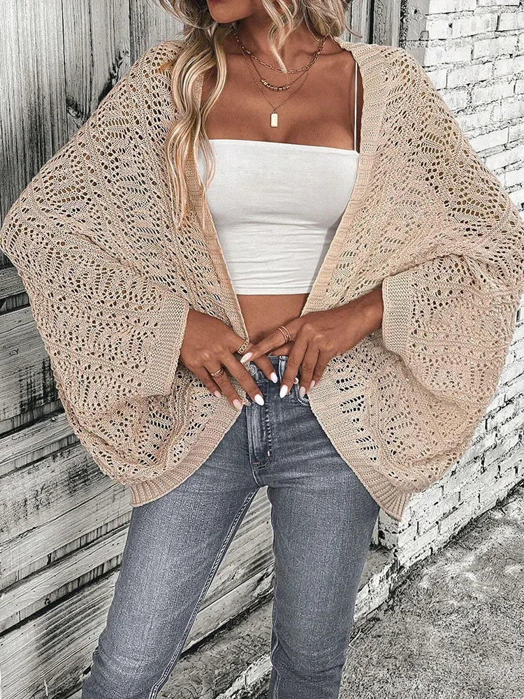 Polyester Knit Cardigan For Women Bat Wing Sleeves Casual