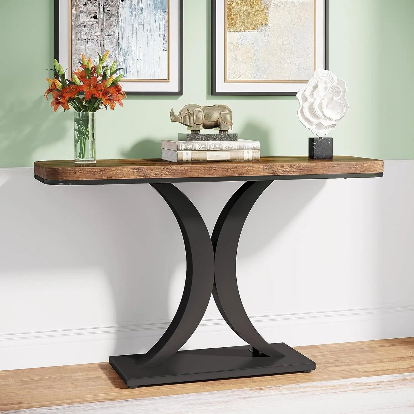 Little Tree Industrial Console Table Geometric Base for Entryway
