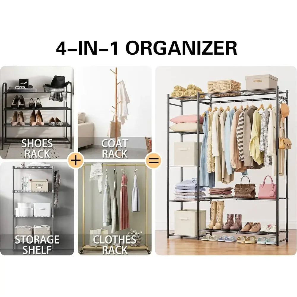 4 Tier Portable Clothes Rack With Hanging Rod For Home