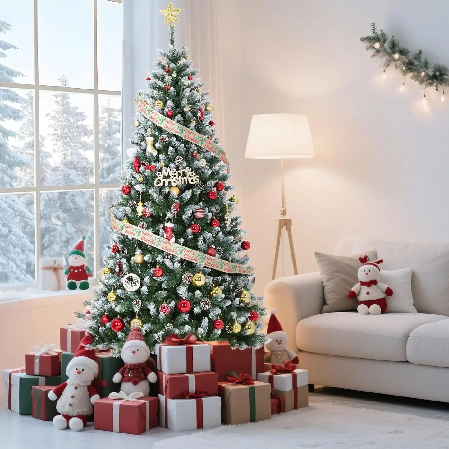 NoHign Prelit Artificial Christmas Tree With LED Lights Partially Flocked